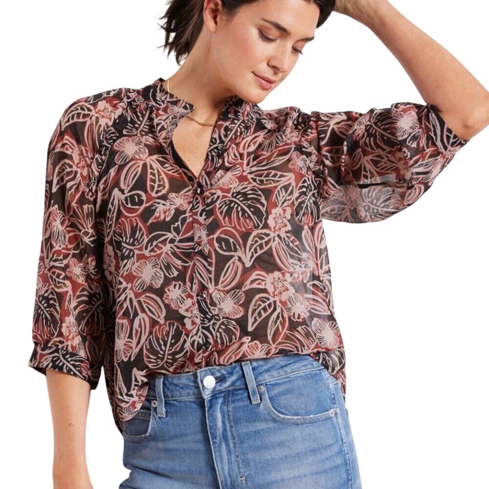 Evereve Sheer Blouse Top Size M Black Red Tan Floral Ruffle Neckline Button Up